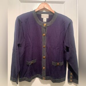Urban Wool Vtg Navy Cardigan with Gray Trim and Gold Buttons 100% Merino Wool M